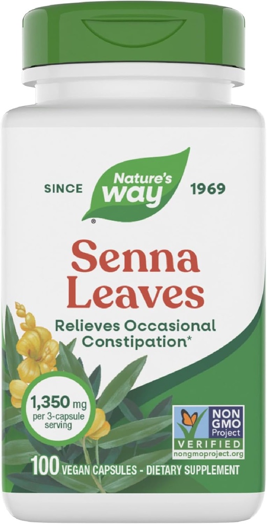 Nature 's Way Senna Leaves, Relieves Occational Constipation *, 1.350 mg per 3- Capsule Serving, Non-GMO Project Verified, 100 Capsules (Packaging May Vary)