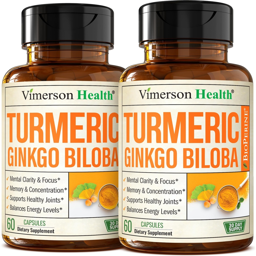Ginkgo Biloba dan Turmeric Curcumin Suplement w / Black Pepper & Organic Tumeric - Natural Turmeric Suplemen Fokus, Memori, Gabungan & Brain Health - Vegan Ginko Bilbia Capsules w / Curcuma - 2 Pack
