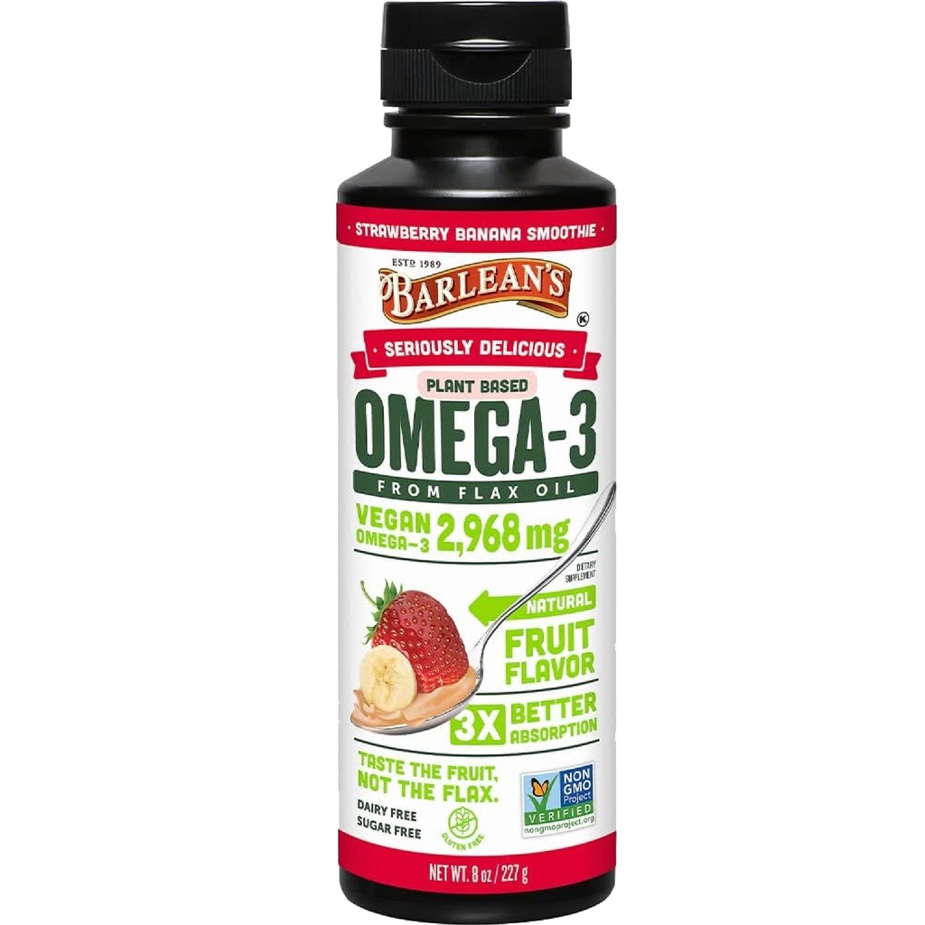 Barlean 's Strawberry Banana Flaxseed Oil Liquid, Vegan Omega 3 6 9 Suplemen untuk Anak-anak & Dewasa dari Cold Menekan Flax Seed Oil dengan 2.968 mg dari Vegan Omegas, Non-GMO & Gluten Bebas, 8 oz