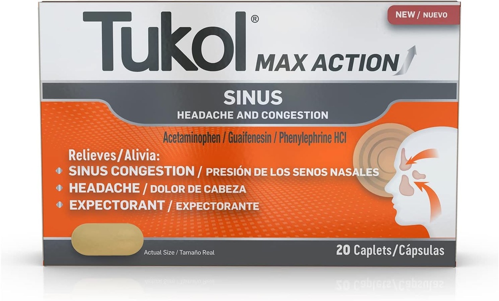 TAKOL Max Action Sinus, kemacetan & Tekanan Caplets untuk Pain, Bantuan Sakit Kepala, Expectorant, Non-Drowsy, 20 Count