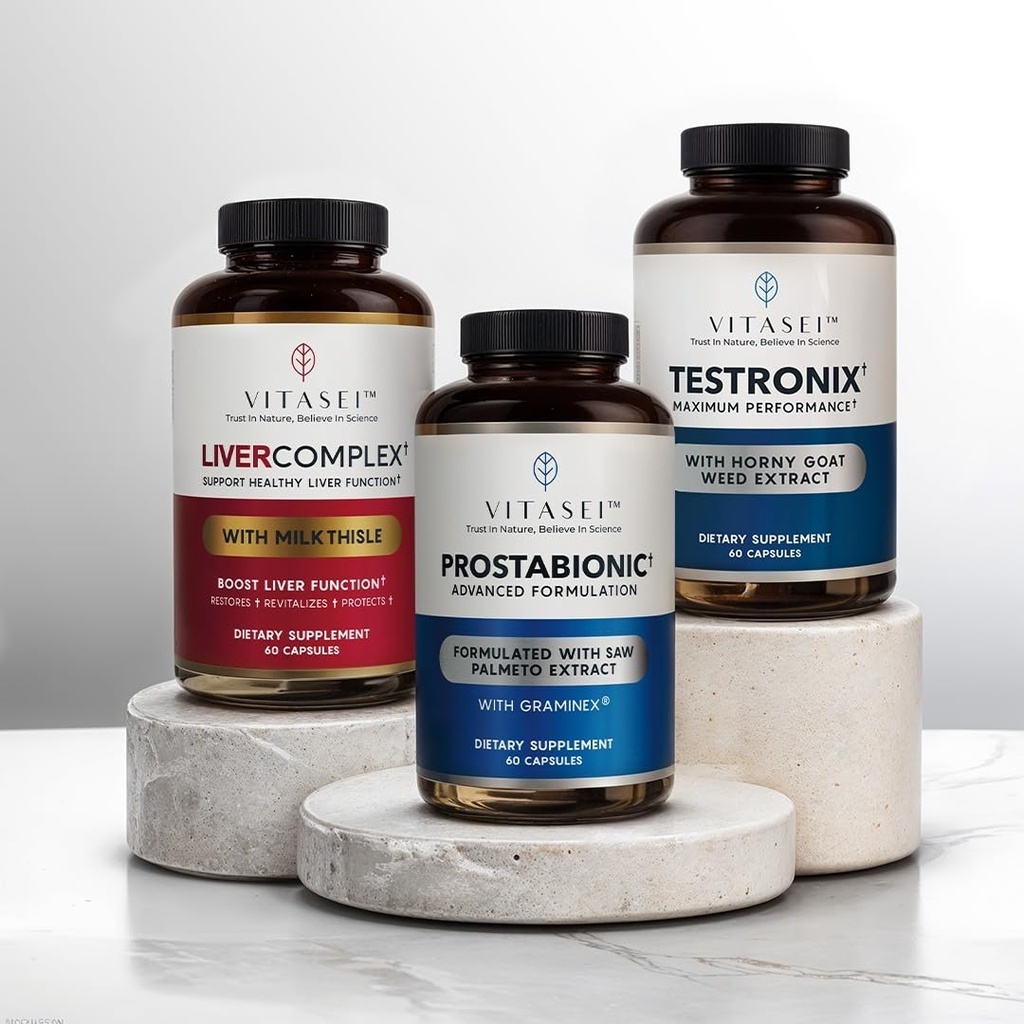 VITASEI Men 's Health Power Pack - Testricux, Prostabionic & Liver Cleanse Bundle - Boost Energy, Muscle, Prostate, and Liver Health with Targeted Suplemen