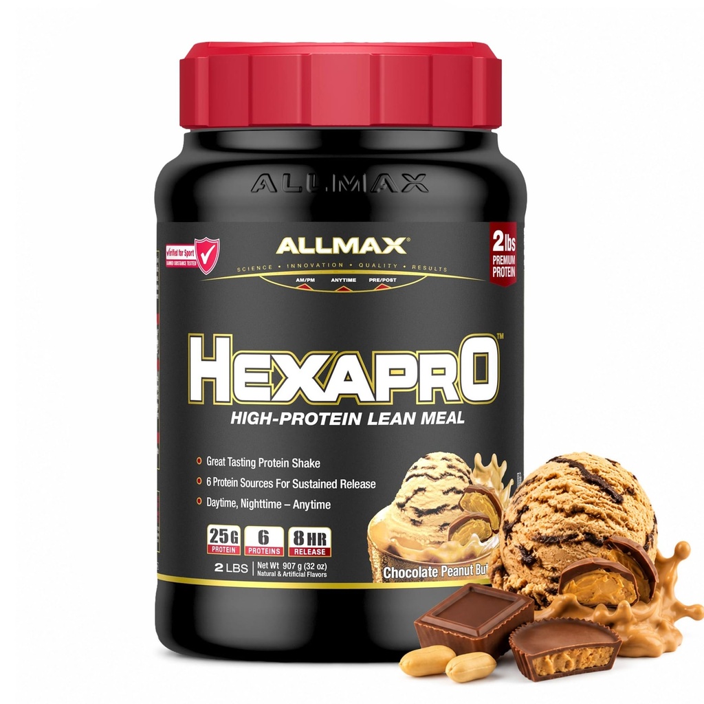 ALLMAX HEXAPRO, Chocolate Peanut Butter - 2 lb - 25 Grams Protein Per Serving - 8-Hour Diterima Pelepasan - Nol Gula - 21 Hamba