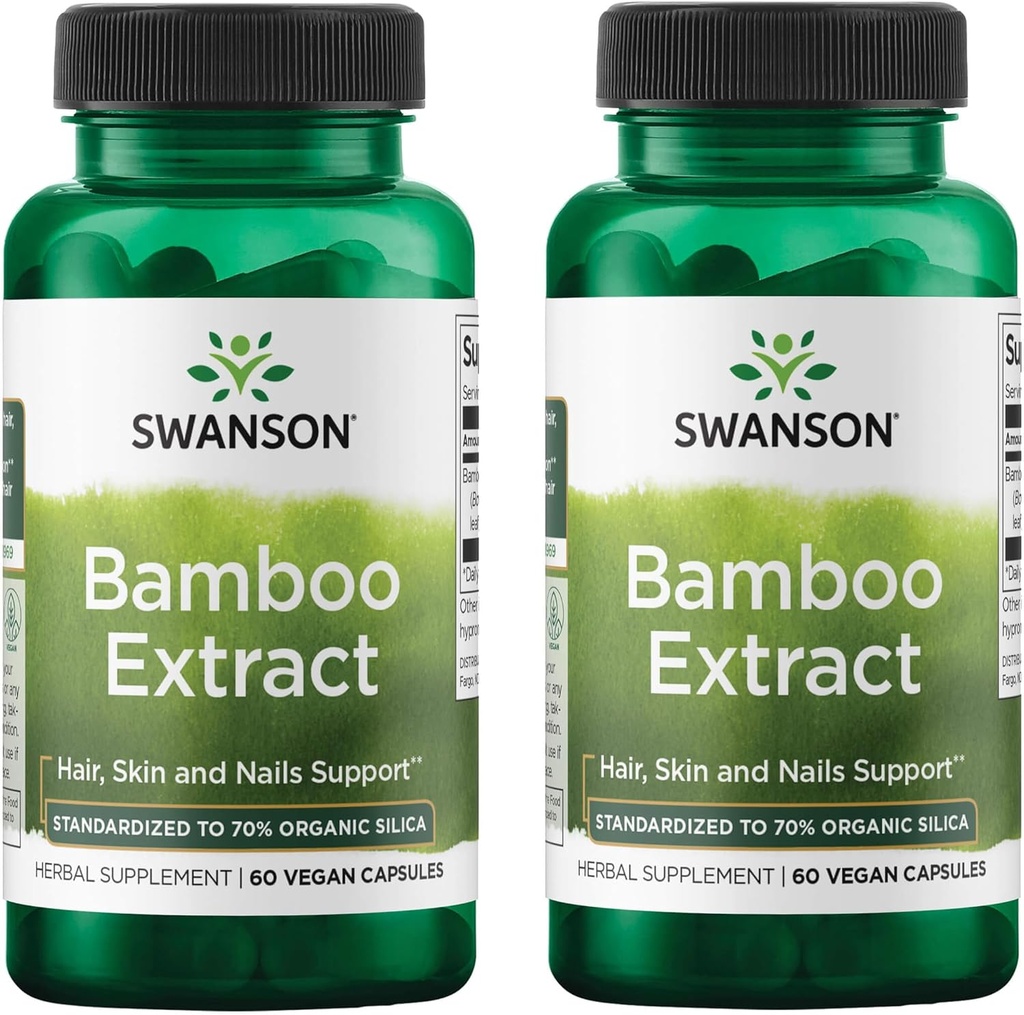 Extract Swanson Bambu - Natural Hair, Skin and Nails Supplemen - 70% Formasi Konten Silica & Perkembangan Tulang - (60 Veggie Kapsul, 300mg Masing-masing) (2 Pack)