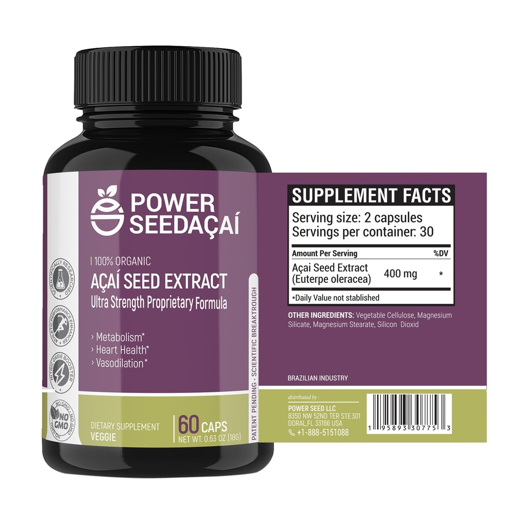 Power Seed Acai - Nitric Oxide Booster, menyediakan Blood Flow, Blood Sugar Levels, Metabolic Fungsi & Energy. Antioksidan Super kuat. Kafein-Gratis Dipatenkan Formula 124; 60 Capsules