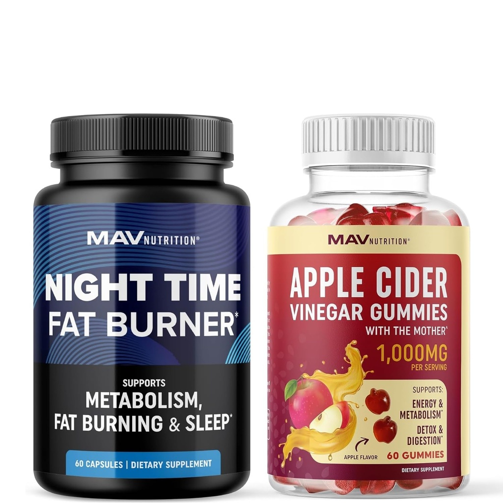 MAV NUTRITITION Night Time Fat Burner Capsules and Apple Cider Vinegar Gummies 124; Overnight Metabolism Booster for Stomach Fat Burning Support dengan Melonalin & ACV 124; 1 Bulan Supply