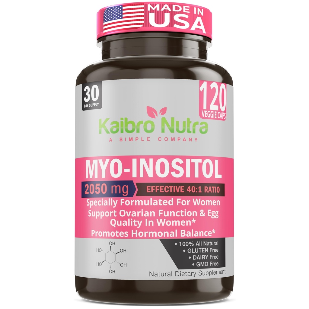 Kaibro Nutra Momo- Inositol Suplemen, Myo- Inositol & D- Chiro Inositol 40: 1 Rasio, Hormone Saldo & Ovarian Dukungan untuk Perempuan dengan Vitamin B8, 2050mg, Vegan, Non-GMO Capsules 120 Count