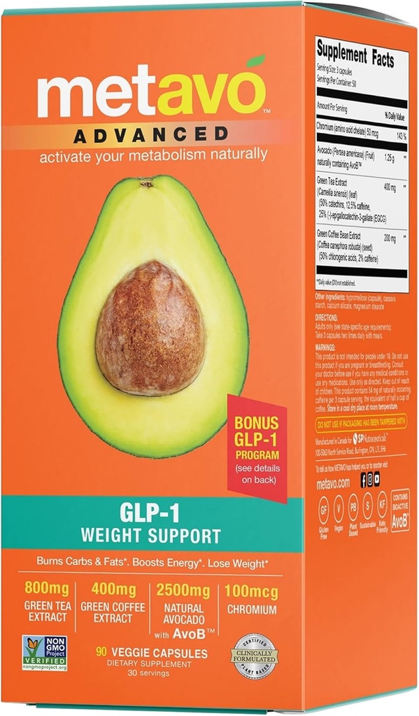 Metavo Advanced Weight - Natural Diet Supports with Estible Nutrients for Promoting Wellness, Enriched with Avocados, Green Tea, Chromium & Green Coffee, 90 Easy-to-Swallow Diet Pills