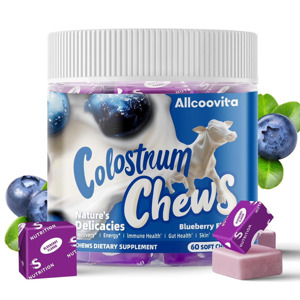 Bovine Colostrum Chews Supplement with progrants for Gut Health, Bloating, Immune Dupport, Skin, Hair Growth and Beauty - Blueberry Flavor (60 Servings)