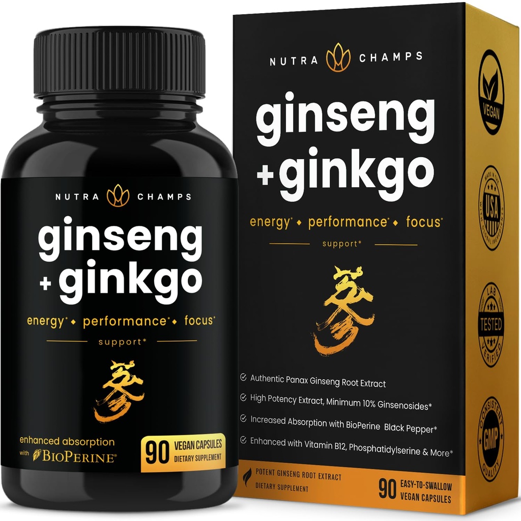 NutraChamps Korean Red Panax Ginseng Capsules 124; Ekstra Kekuatan Ginsenosides untuk Energi, Fokus, Performance, Vitalitas & Imune Dukungan 124; Merah Ginseng Ekstrak Root (90, Premium Emas)