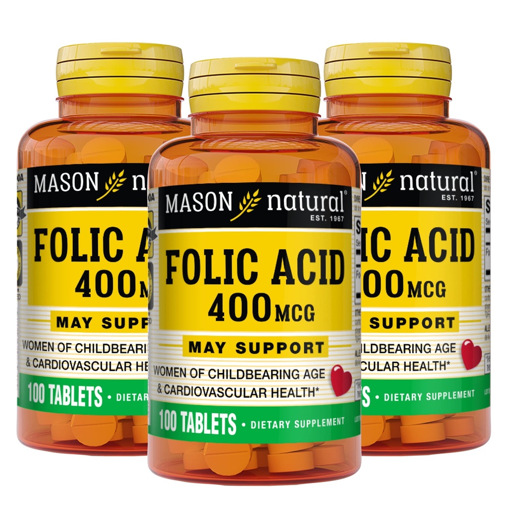 Mason Natural Folic Acid 400 mcg, Daily Suplement for Health, Mood and Prenatal Care, for Women of Childbearing Age, 100 Tablet (Paket 3)