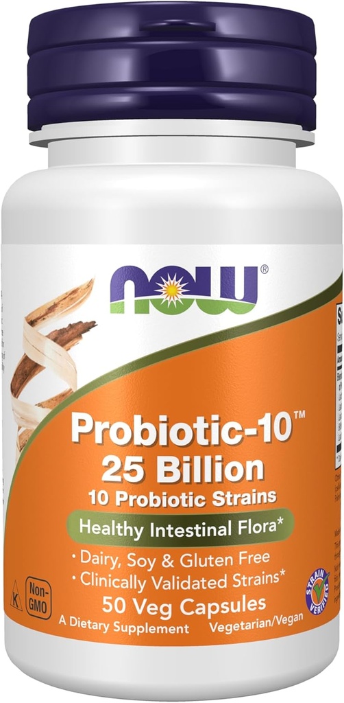 Now Foods Suplemen, Probiotic-10 ™, 25 Miliar, with 10 Prototic Strains, Dairy, Soy dan Gluten Free, Strain Verified, 50 Veg Capsules