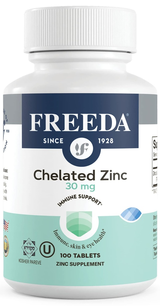 Freeda Cheriated Zinc 30mg - TRAACS ® Zinc Bisglycinate for High Absorpsi - Vegan, Kosher, Gentle on Stomach - Imune Dukungan untuk Dewasa, Pria & Perempuan - 100 Tiny Tablet