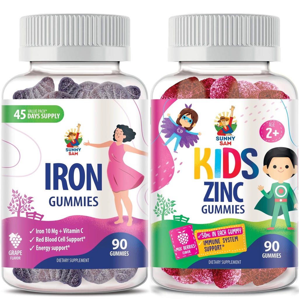 SUNNY SAM Zinc Gummies for Kids & Iron Gummies for Dewata, Iron Vitamin with Vitamin C