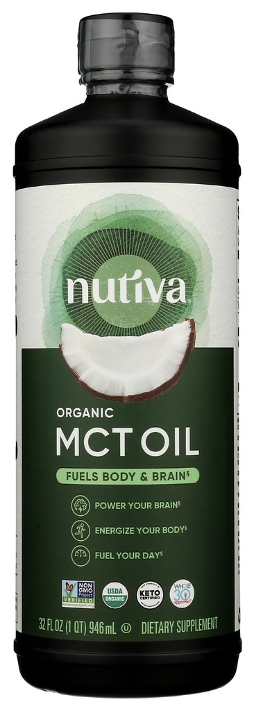 MCT Organik Nutiva Minyak, Unfeated, 32 Oz, USDA Organik, Non- GMO, Non- BPA, Whole 30 Approved, Vegan, Gluten- Free & Keto, 14g MCT per Serving & Neutral Flavor for Energy Boost to Coffee, Shakes and Salads