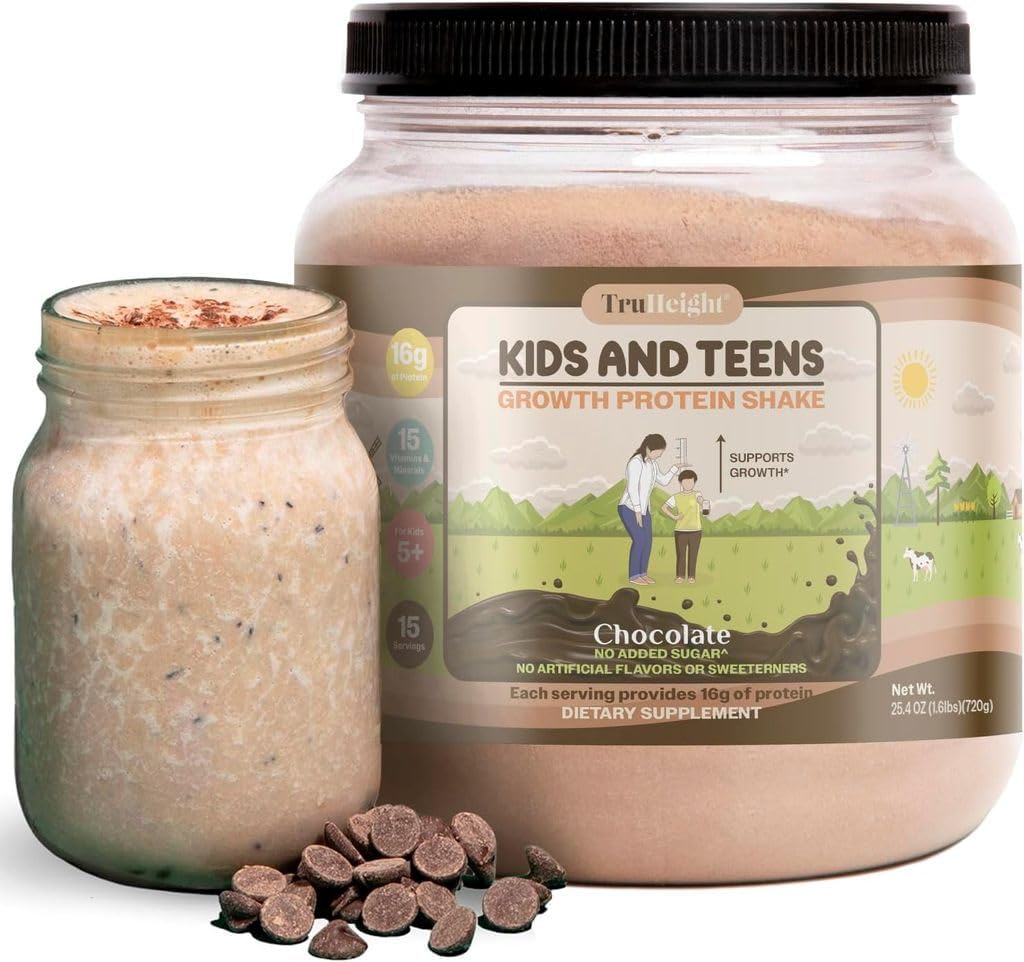 Truight Growin Protein Shake (Chocolate Milk Flavor, Whey) Natural Growth & DevelinProtein Powder for Kids & Teens - Weight Gain Minuman - Endorsed by Pediatricians, Picky Eater Vitamin, Ages 4 +