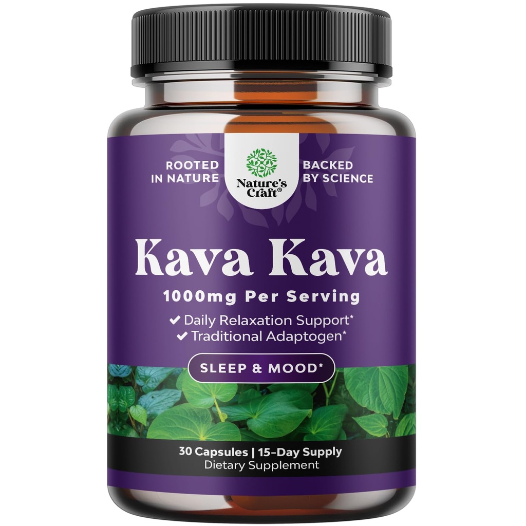 Kava Kava Root Extract Supplement 1000mg - Fast Acting Herbal Dukungan dengan Kavalactones untuk Balanced Mood - Relax Calming Capsules untuk Dukungan Stress & Better Sleep - 15 Servings