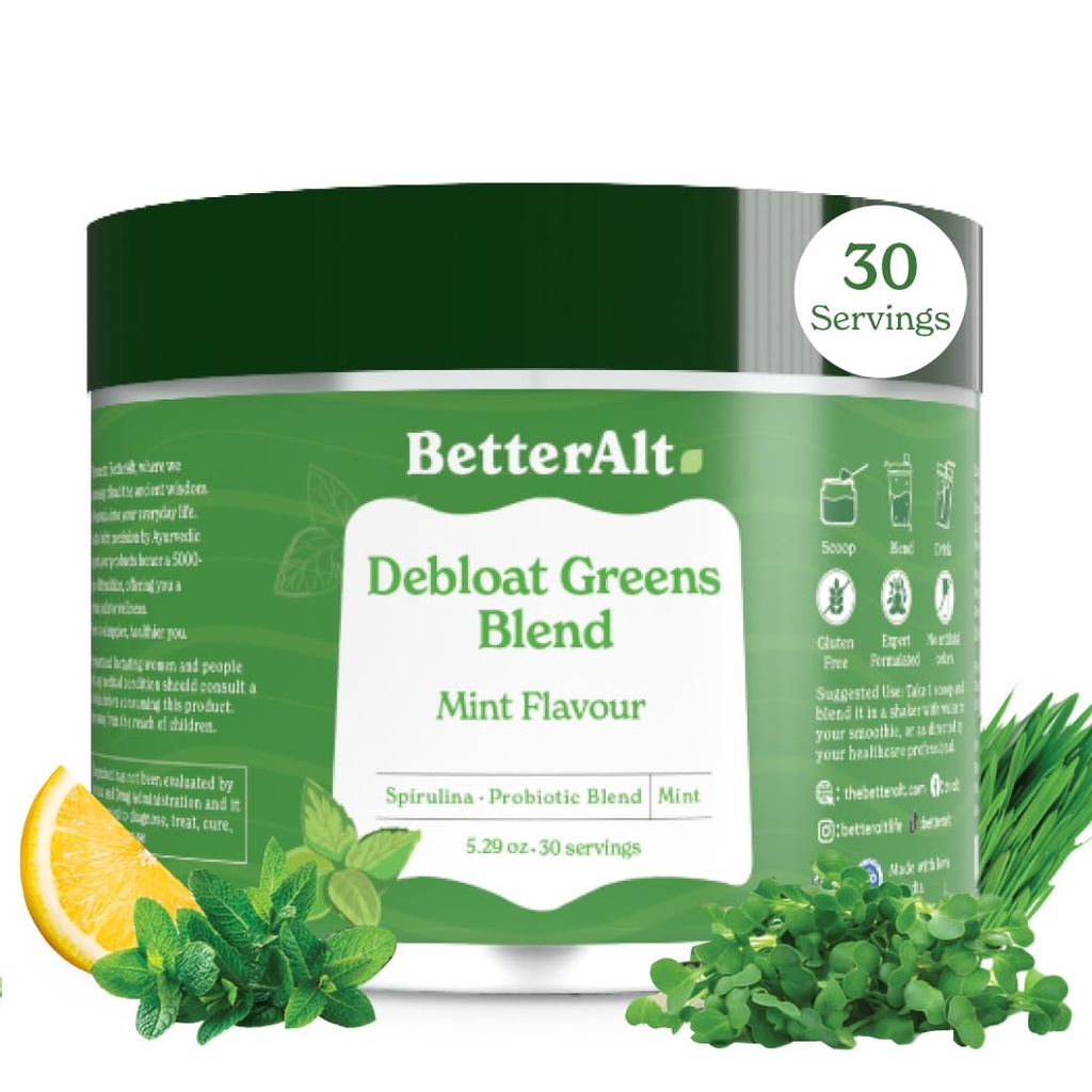 Lebih baik Alt Greens Powder, Detox & Debloat dengan 15 Super Greens Blend of Spirulina, Moringa Powder, Wheatgrass, Pra & Progories, Packed with Anti-oxidants, Mint Flavor, No Maltodextrin, 30 Servis