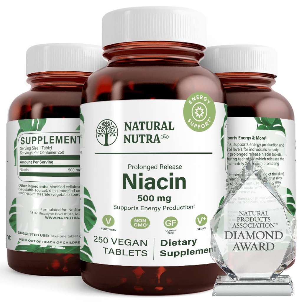 Natural Nutra Time- Release Slow Niacin 500mg (Vitamin B3), Dukung Prolesterol, Promotes Kesehatan Kardiovaskular, Promotes Skin Cells dan Impreve Cognitive Fungsi, 250 Vegan Tablet