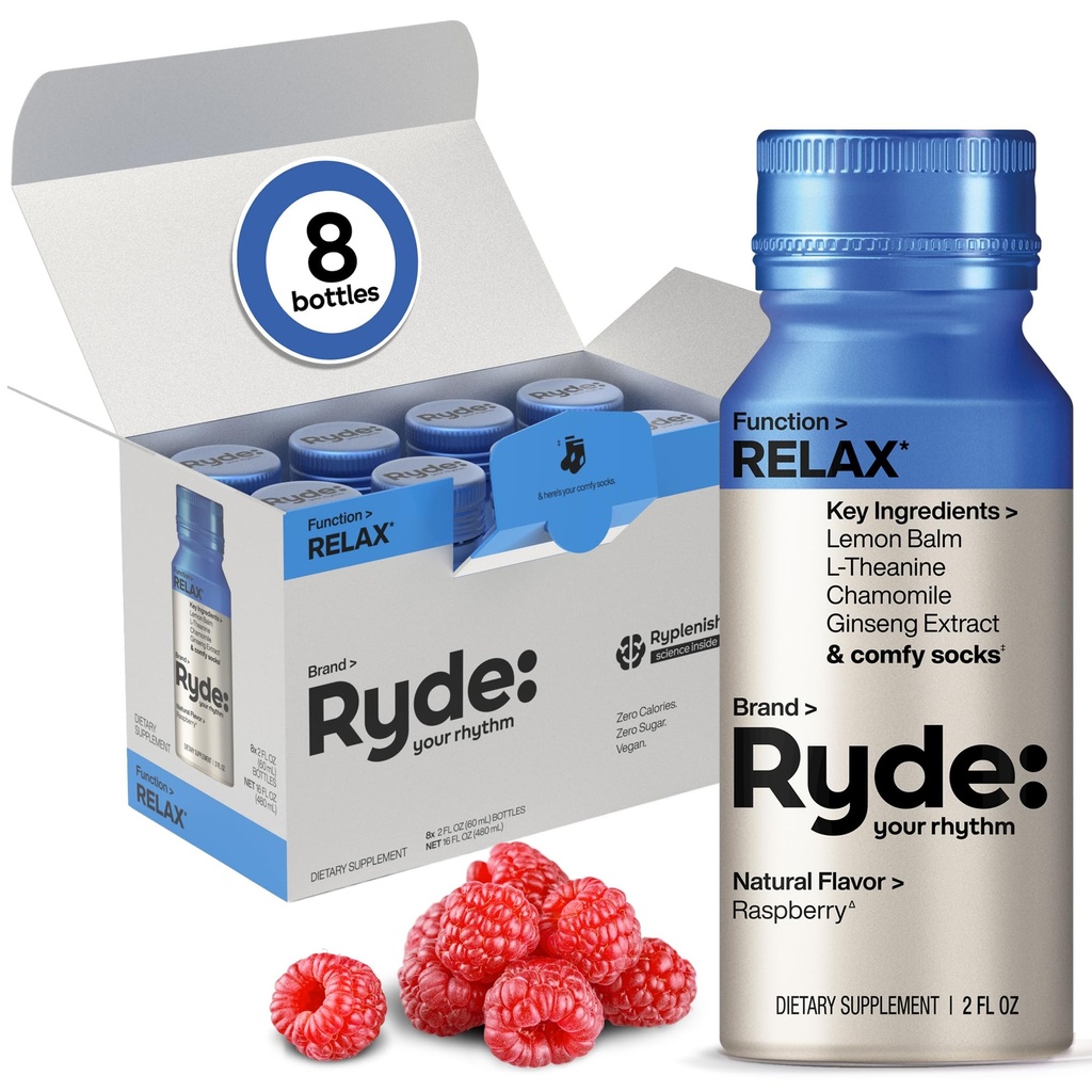 Ryde: Relax Shot 124; Raspberry Flavor 124; Lemon Balm, L-Theanine, Ginseng & Chamomile 124; 0 Kalori, 0 Sugar 124; 2 FL OZ Shots 124; Helling You Relax * (8 Pack)