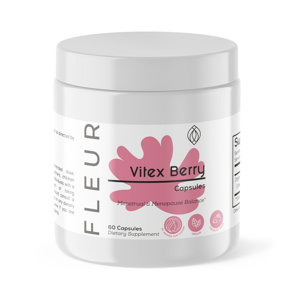 FLEUR Vitsules, Vitex Chasteberry for Hormone Salvation for Women, PCOS Supplement Helping Keeding Progesterone Level untuk Dukungan Siklus Menstrual, Fertilitas & PMS Dukungan, 500mg, 60Ct