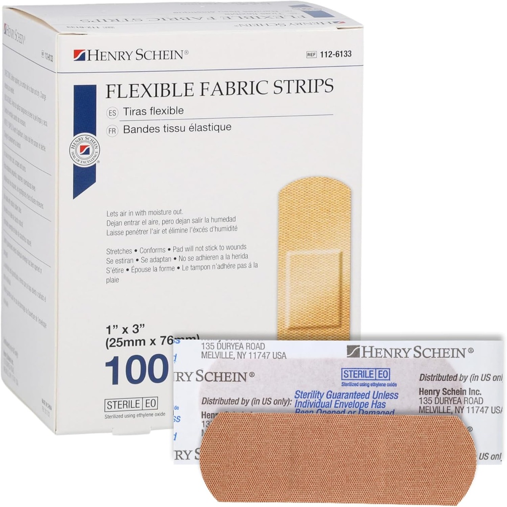 Henry Schein Adhesive Fabric Bandages, 1 "x 3" - Kotak 100 Fleksible, Strips Breather - Soft, Stretcable Wound Covers for First Aid, Medical Use, Clinics & Emergency Kits