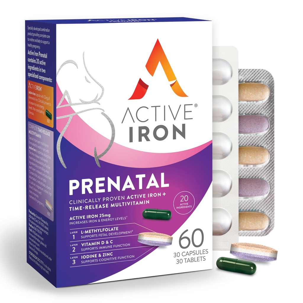 Iron Prenatal Aktif, Suplemen Besi + Prenatal Vitamin bagi Perempuan, 30 Non-Konstipating Capsules + 30 Time- Rilis Multivitamin, Pregnancy, Breastfeating & Postpartum Essentials