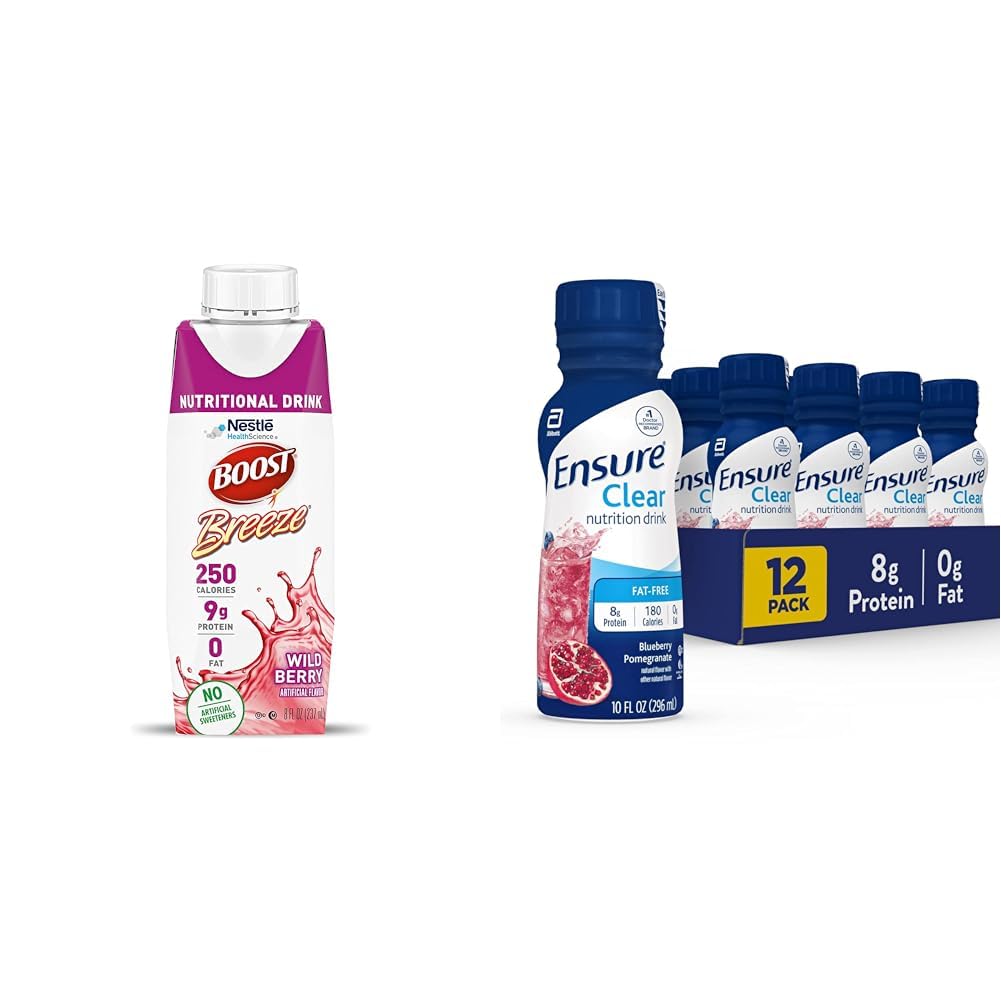 BOOST Breeze Clear Nuttration Drink, 9g Protein, 250 Nutrient- Rich Calories, Wild Berry, 8 quid oz & Ensure Liquid Clear Nutrition Drink, 0g fat, 8g protein, Blueberry Paxeate, 10 Fl Oz