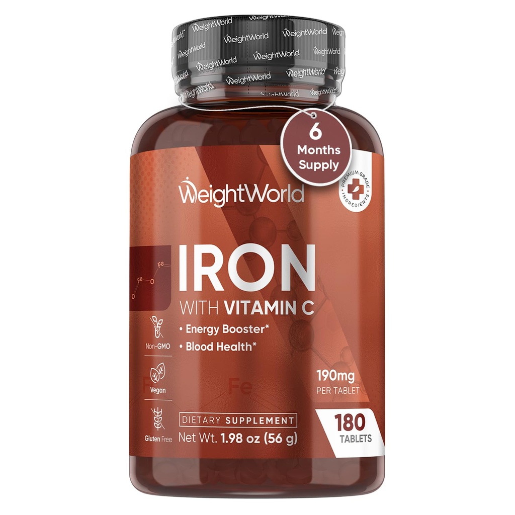 WeightWorld Iron Supplement 65mg - dengan Vitamin C 125mg - 180 Vegan Tablet (6 Bulan Supply) - Gentle Carbonyl Iron Suplemen Perempuan & Men - Energy Booster & Blood Heath - Non-GMO & Gluten- Free