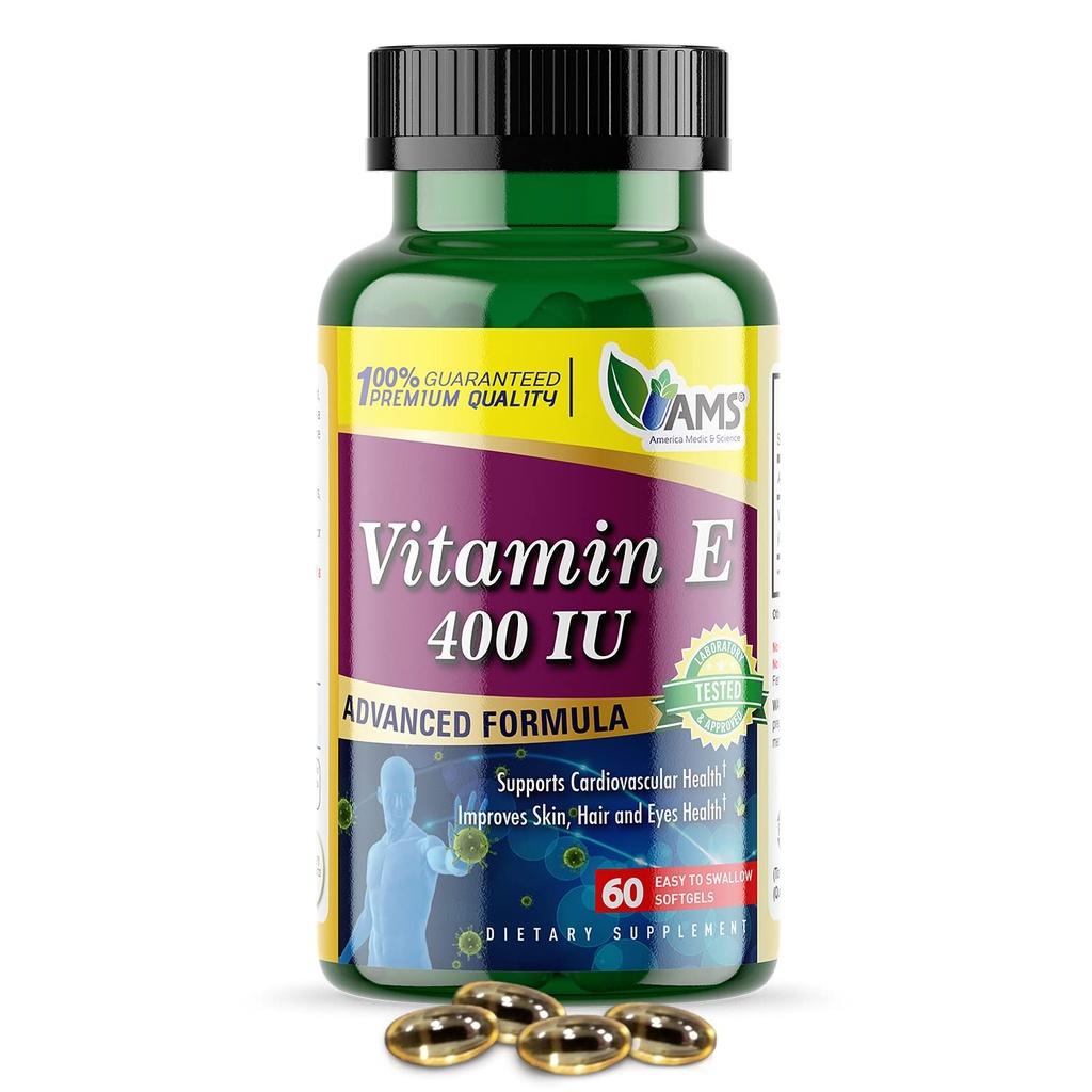 Amerika Medic & Science Vitamin E 400 IU (60 Softgels) Diet Supports That Adports Heart Heally Skin, Hair, Eyes and Immune System Acetate Gel Capsules