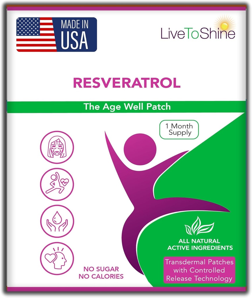 Live To Shine Resveratrol Patch - Transdermal Topical Plant - berbasis Antioksidant Dukungan untuk Penuaan Sehat dan Wellness - 30 Patch untuk Perempuan dan Pria - Amerika Serikat Dibuat