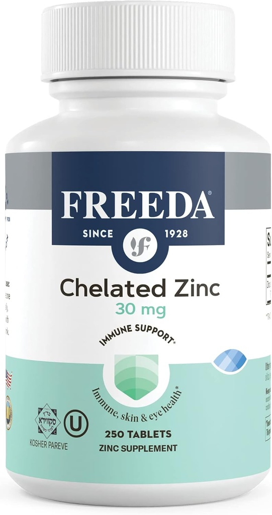 Freeda Cheriated Zinc 30mg - TRAACS ® Zinc Bisglycinate for High Absorpsi - Vegan, Kosher, Gentle on Sthomach - Imune Dukungan untuk Dewasa, Pria & Perempuan - 250 Tiny Tablet