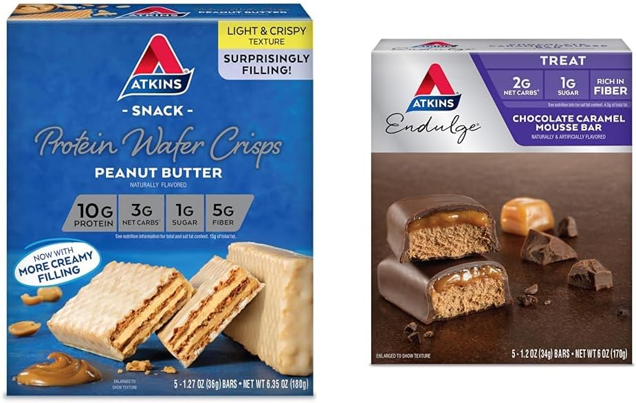 Atkins Peanut Butter Protein Wafer Crisps 5 Count dan Chocolate Caramel Mousse Bars 5 Count Bundle