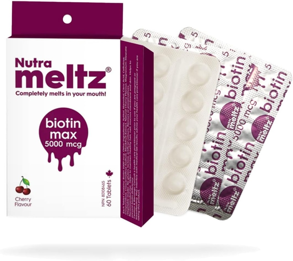 Nuttra meltz Biotin 5000 mcg - Mendukung Pengembangan Rambut, Memroses Nails Sehat dan Skin Smooth Quickly Dissoling Tablet untuk Defisiensi Biotin - Cherry Flavor (60 Tablet)