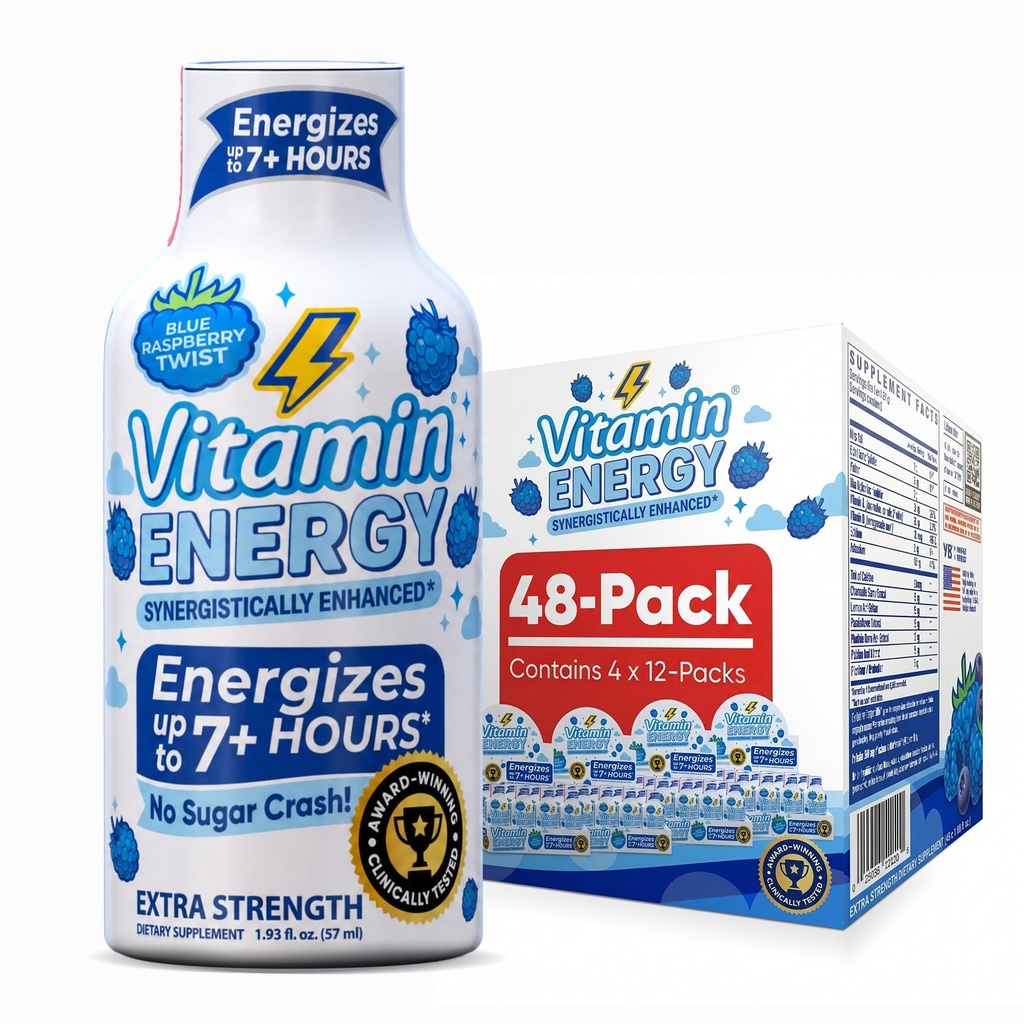 Vitamin Energy Immune + Extra Energy Shot Blue Raspberry 48 Pack, 260mg Natural Caffeine, B-Vitamin, Citicoline, Green Tea, Imunity & Focus Dukungan, Zero Sugar, Gluteng-Free 1.93 fl oz