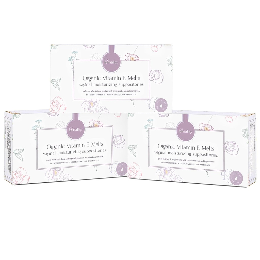 Femallay Organic Vitamin E Vaginal Melts - 3 Pack - Relief for Menopause Dryness & Irrintation - 14 Count + Applicator
