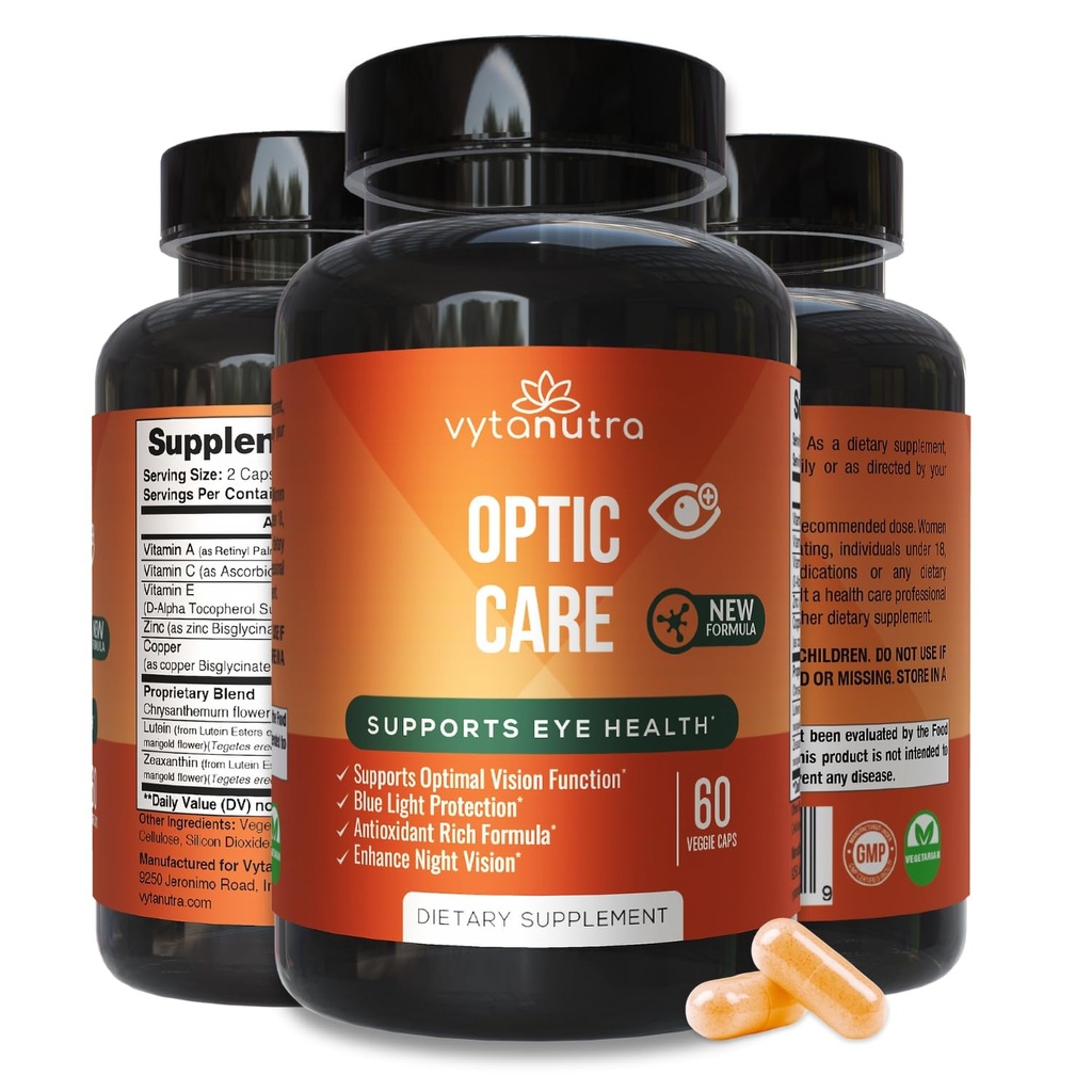 Optic Care Eye Vitamin - Lutein, nicxanthin, Vitamin A C E, Zinc, Copper, Chrysanthemum & Goji - Antioksidant Micronutrient Formula untuk Dukungan Vision - 3 PK