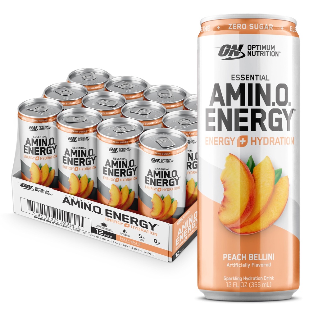 Optimum Nutrition Amino Energy Sparkling Hydration Drink, Electrolytes, Caffeine, Acids Acids, BCAA, Sugar Free, Peach Bellini, 12 Fl Oz, 12 Paket (Packaging May Vary)