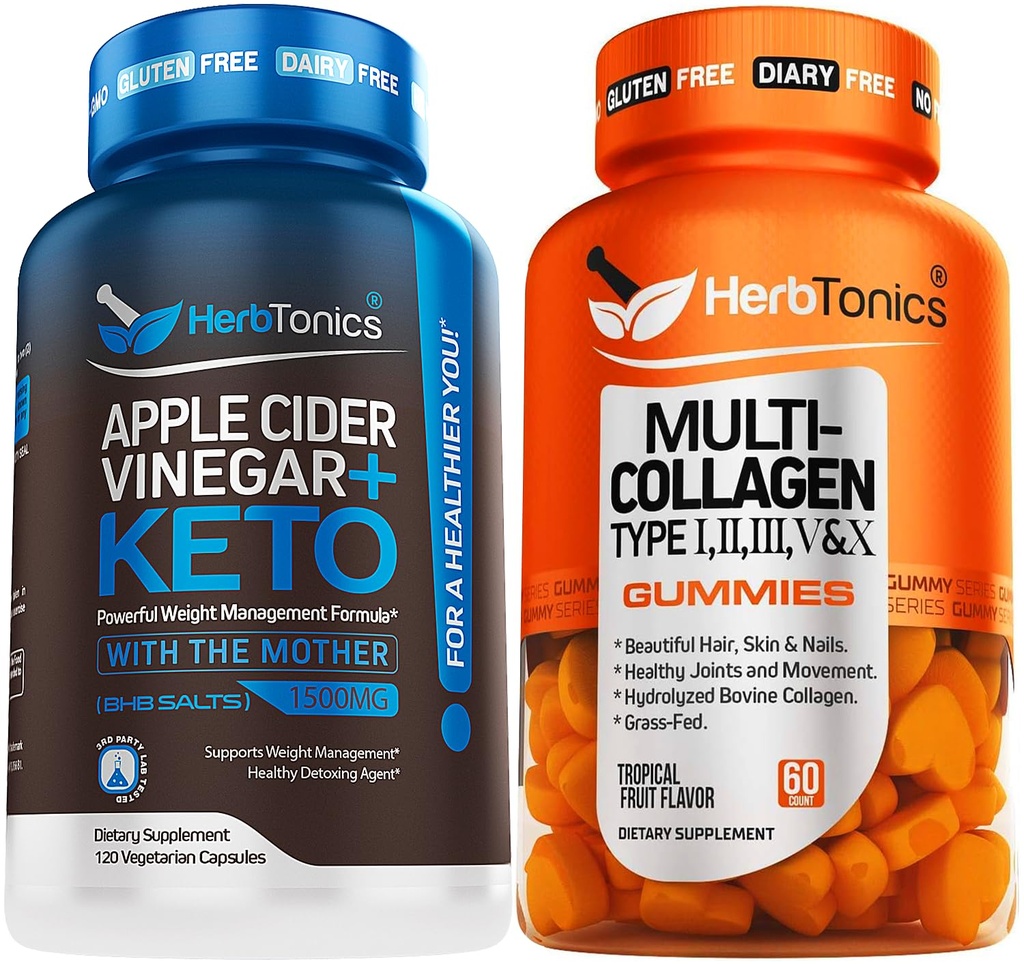 Herbtonics Apple Cider Venegar Capsules Plus Keto BHB 124; Fat Burner & Weight Looss Suplemen Perempuan & Men - Multi Collagen Gummies Tipe 1.2.3,5 & 10 dengan Biotin untuk Pertumbuhan Rambut, Skin, Nails