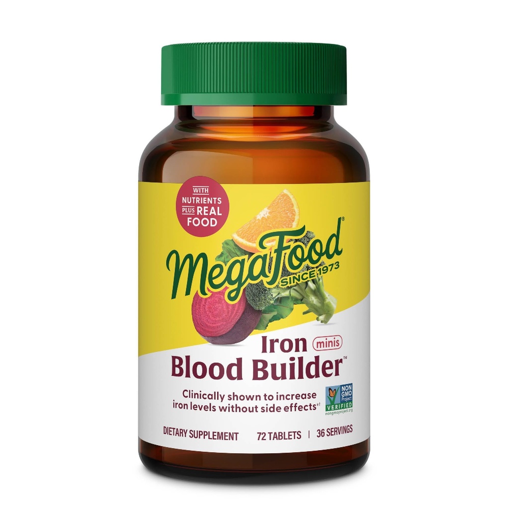 MegaFood Blood Builder Iron Supplement for Women & Men - Increase Iron Levels Without Side Effects - Combats Fatigue - Vitamin B12, Acid Folic & Vitamin C - Vegan - 72 Mini Tablet (36 Pelayan)