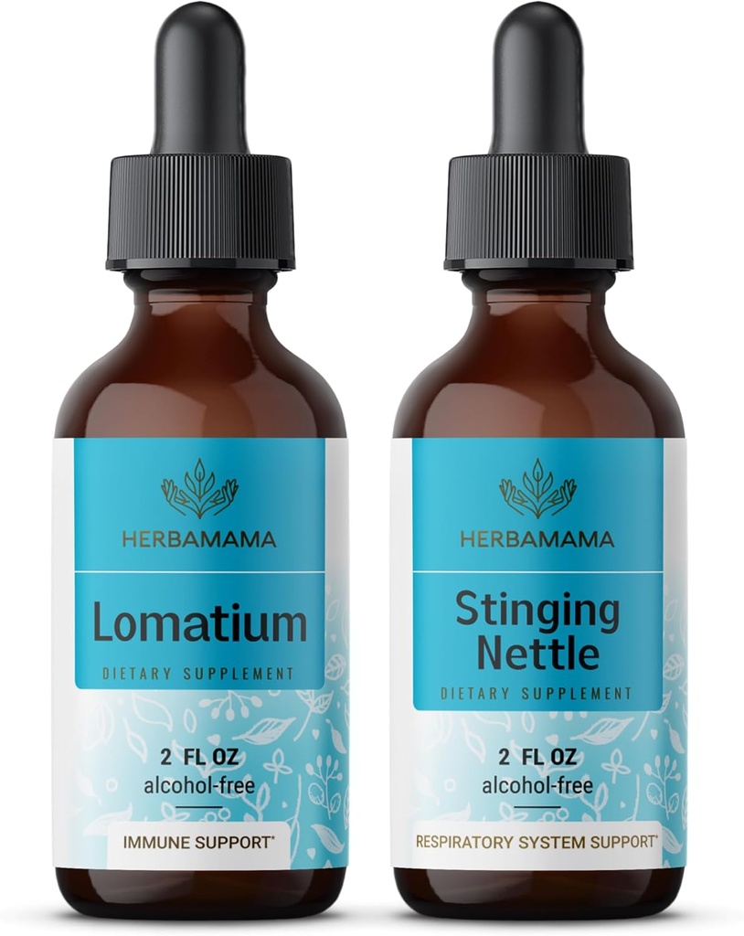 HERBAMAMA Herbal Drops Kit - Bundle of Lomatium Root Extract and Slinging Nettle Tincture 2 - Vegan, Non-GMO, Sugar & Alcohol-Free - 2 Pack