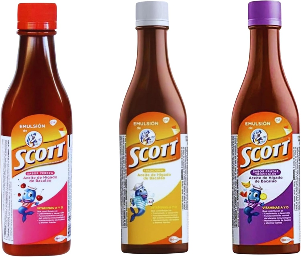 Emulsión de Scott 3 Pack Combo - Cod Liver Oil (Tradisional, Cherry, Tropical Fruit Flavors) - 180ml Masing-masing