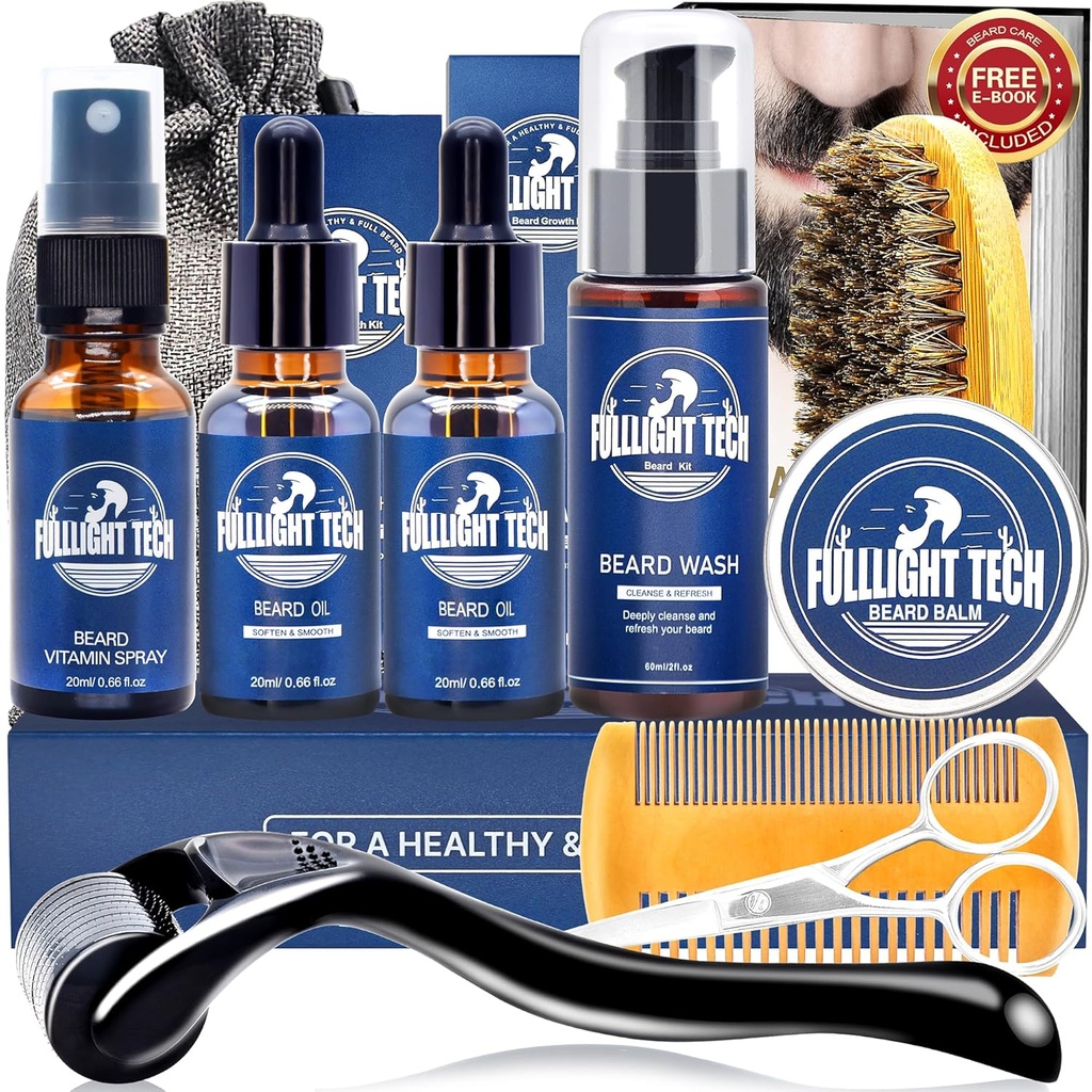 Beard Care Kit for Men-Naghten Grooming Patchy W / Vitamin Spray, Mustain Oil, Balm, Wash, Boar Bristle Brush, Wooden Comb, Gunting, Valentines Fathers Gifts for Men Dad Him Husband