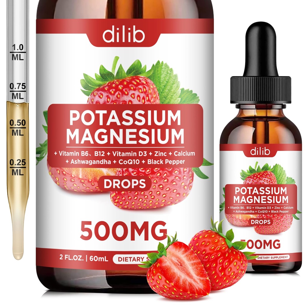 Potasium Magnesium Citrate Suplemen, Liquid Magnesium Citrate Drops 500mg dengan Ashwagandha, Kalsium, Zinc, Vitamin D3, B6, B12, CoQ10 - Dukung Tenang & Muscle & Imune Health Vegan 2