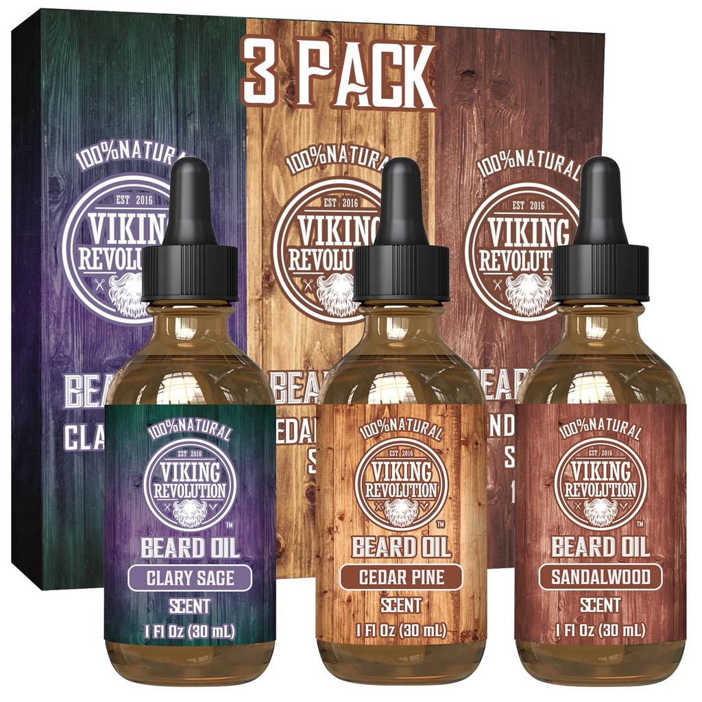 Viking Revolution Beard Oil for Men 3 Pack - Natural Mins Beard Variety Set - Sandalwood, Pine and Cedar, Clary Sage Scents - Beard Conditioning and Moisturizing for a Healthy Beard (3 Pack, 1oz)
