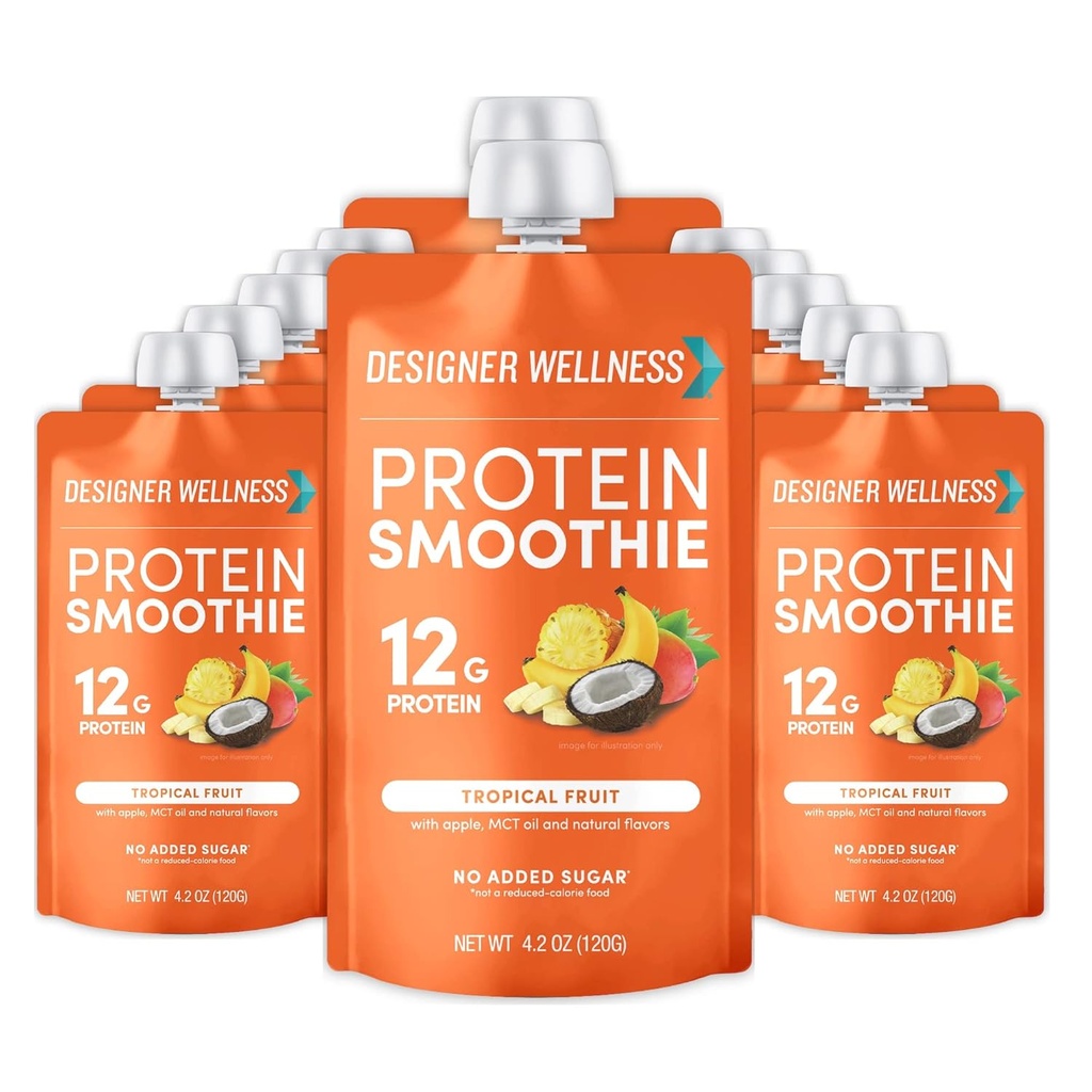 Designer Wellness Protein Smoothie, Real Fruit, 12g Protein, Low Carb, Zero Added Sugar, Gluten- Free, Non-GMO, No Artificial Colors atau Flavors, Tropical, 12 Count