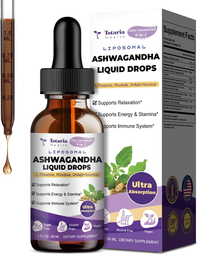 Totaria Liposal Liposal Ashwagandha Liquid Drops w / Shilajit, Magnesium, Soursop, L-Theanine, Ultra Extact Ashwagandha Root Extract 124; 7% Withanolides 124; Alcohol-Free Alagh4; Non-GMO 124; for Men & Women & Women
