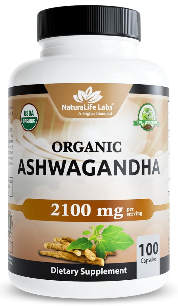 NaturaLife Labs Organic Ashwagandha 2100 mg per Serving - Root Powder & Extract - 100 Capsules - Vegan, Non-GMO, Gluten- Free