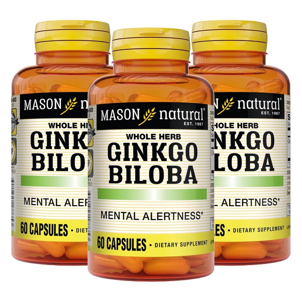 MASON NATURAL Ginkgo Biloba, 3 Bulan Suply, Membantu Impreve Ketinggian Mental & Dukung Fungsi Otak Optimal, 60 Capsules (3 Pack)