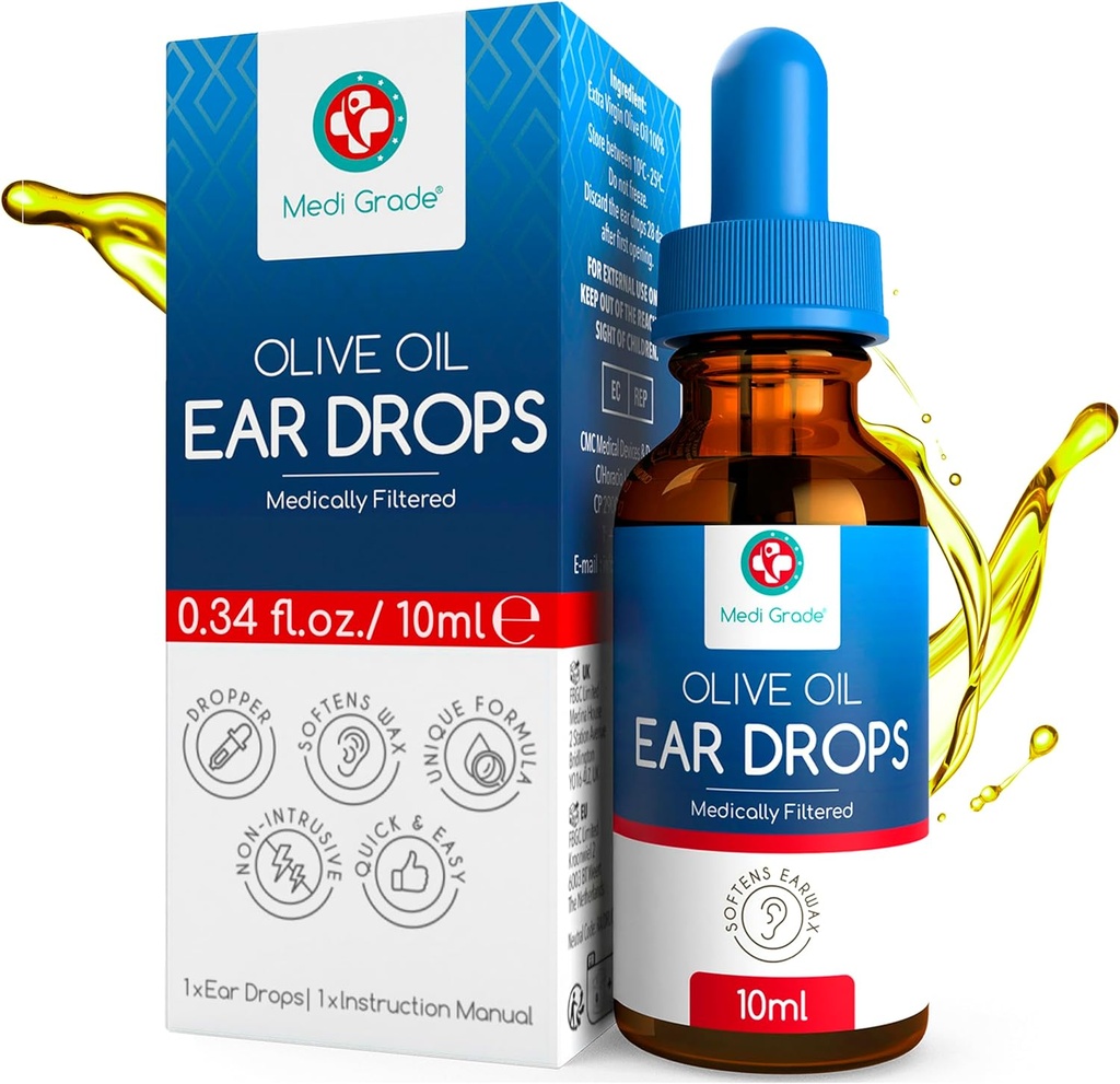 Medi Grade Olive Oil Ear Drops for Wax Removal and Blocked Ears, 10ml - 100% Natural Ear Wax Removal Drops with Pipette Dropper and Remmoves Hardeny Earwax Building - Advanced Wax Drops