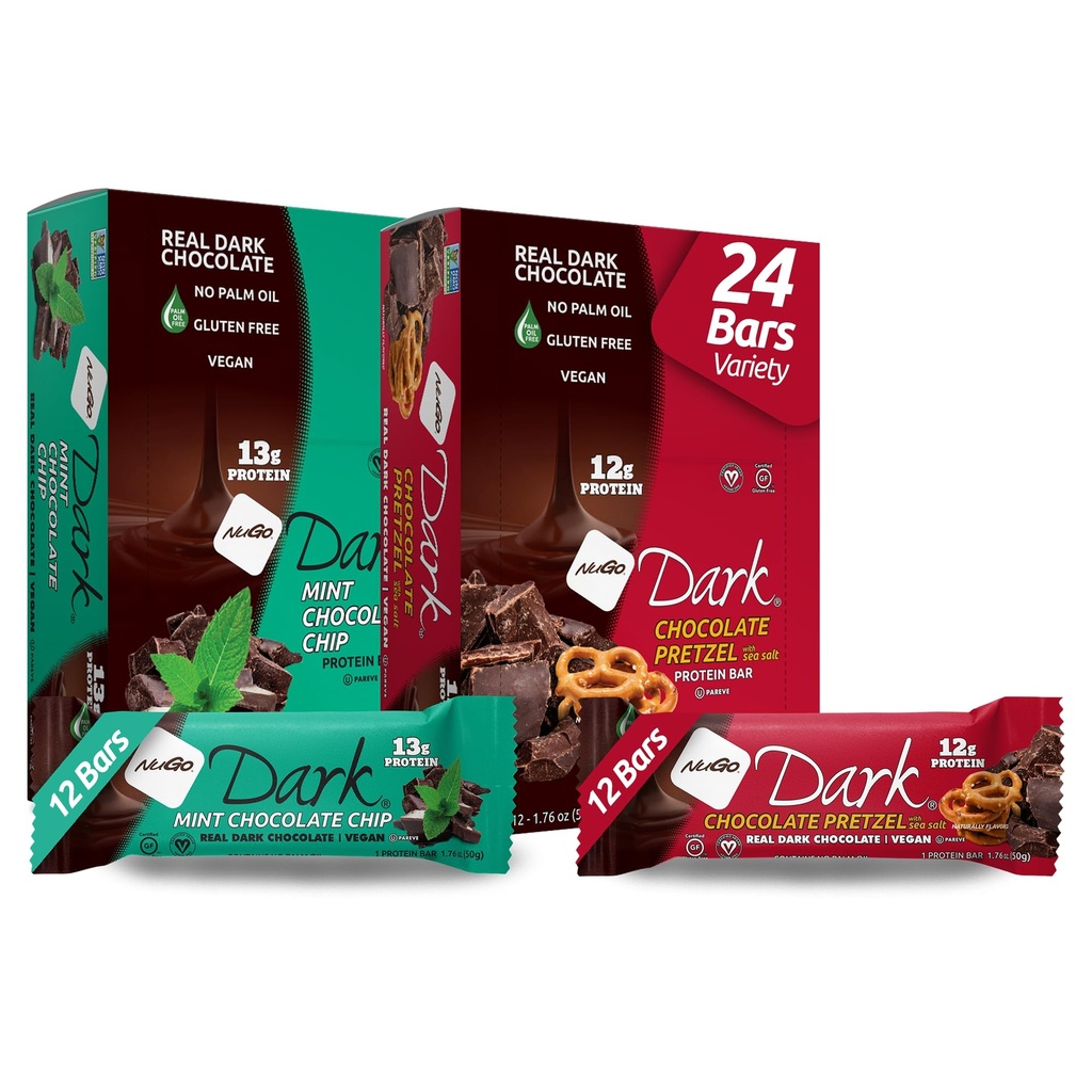 NuGo Dark Variety - Chocolate Pretzel 12 Bar & Mint Chocolate Chip 12 Bars, 12- 13g Protein, Vegan, Gluten Free, Non- GMO, Kosher Pareve, 24 Count